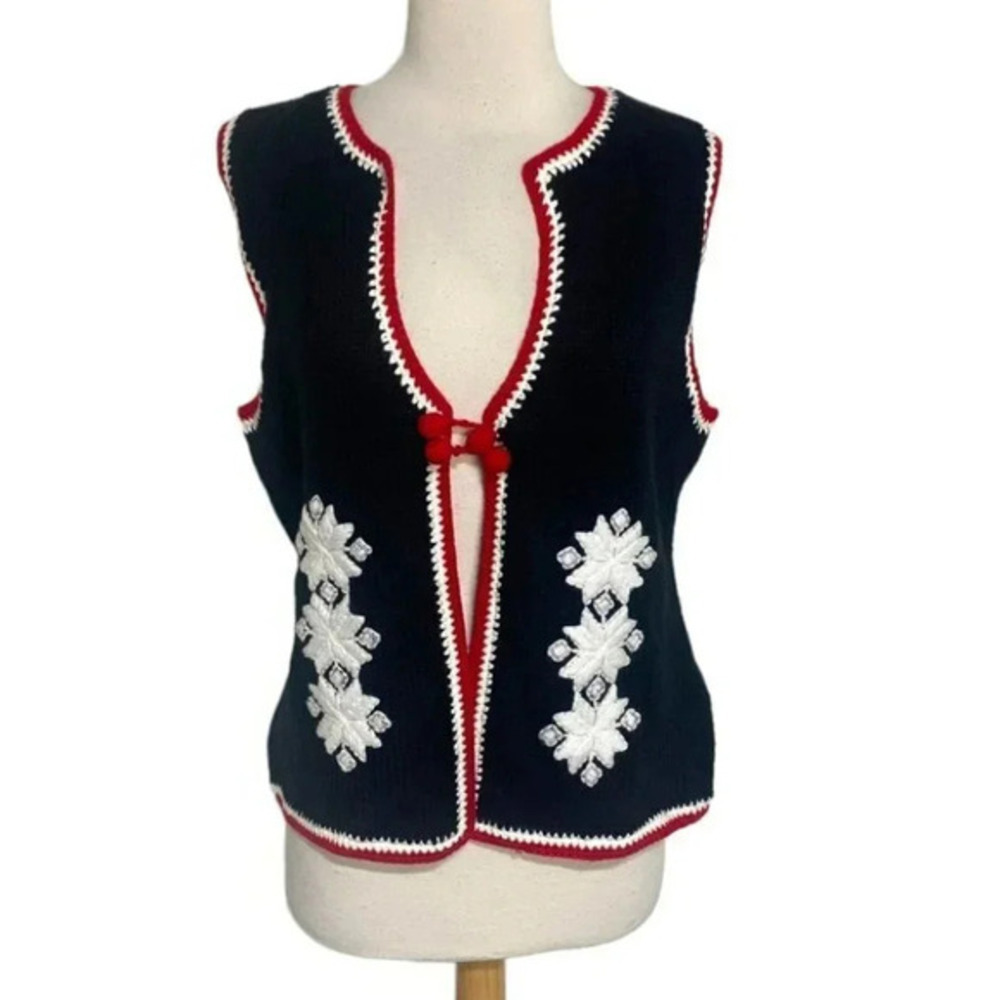 Christopher & Banks Sweater‎ Vest Large Black Red White Hand Crochet Floral 2006